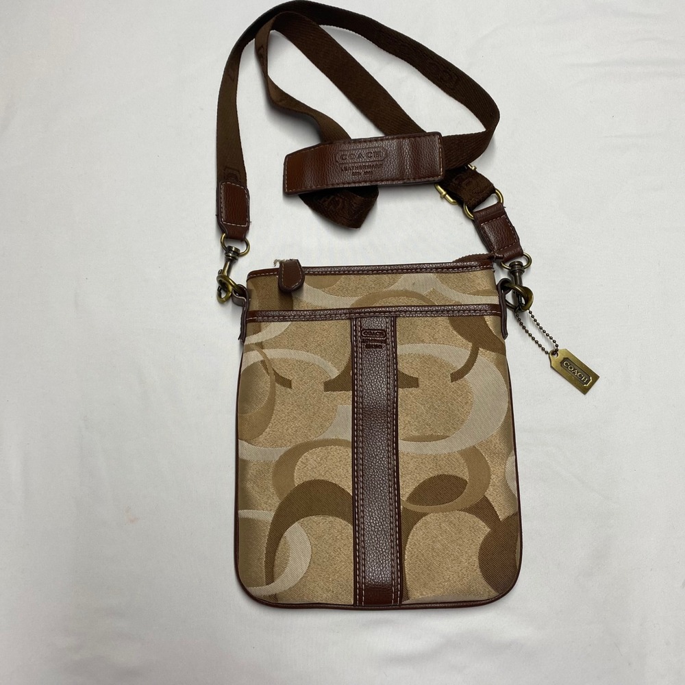 Coach Optic Signature Jacquard Crossbody Bag Khaki Brown Brass Hardware